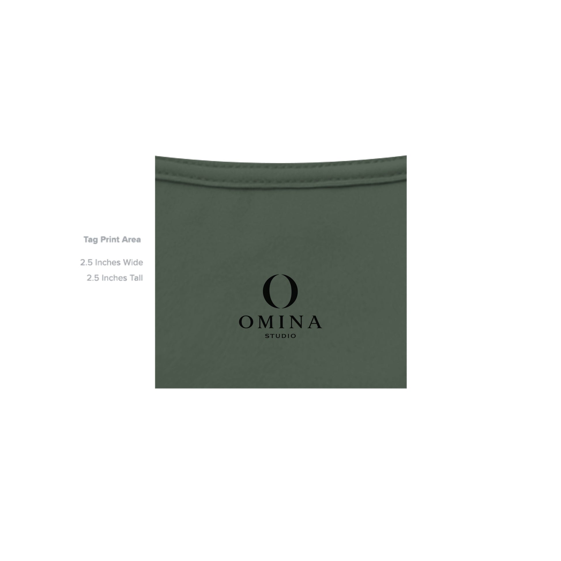 Omina Studio O Urban T-Shirt in olive green cotton with a black O logo print on the inner neck tag area