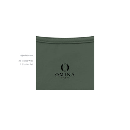 Omina Studio O Urban T-Shirt in olive green cotton with a black O logo print on the inner neck tag area