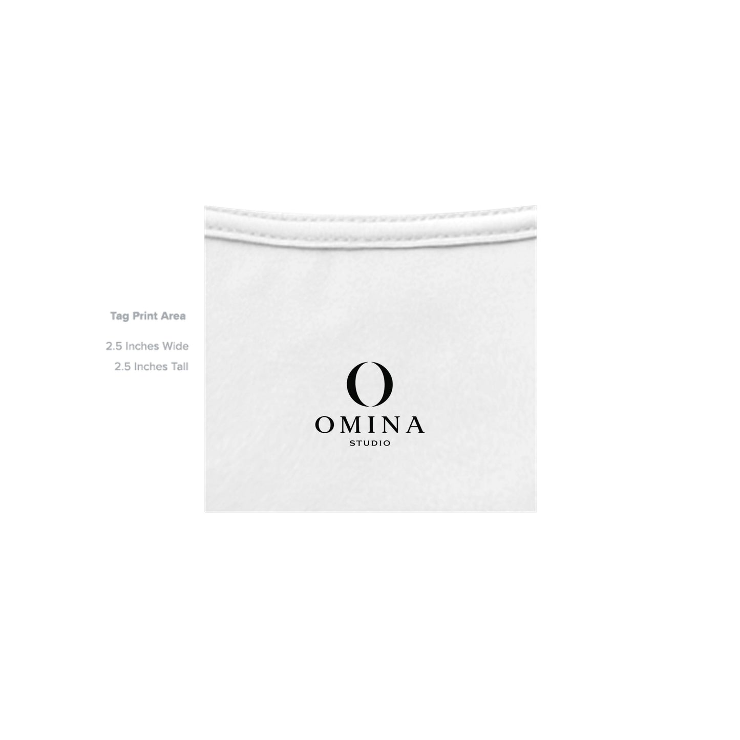 Omina Studio O Urban T-Shirt interior neck label with Omina logo branding and print area dimensions