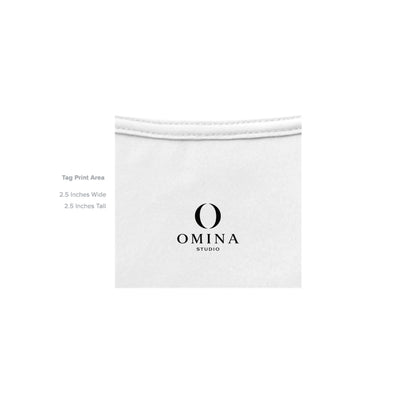 Omina Studio O Urban T-Shirt interior neck label with Omina logo branding and print area dimensions