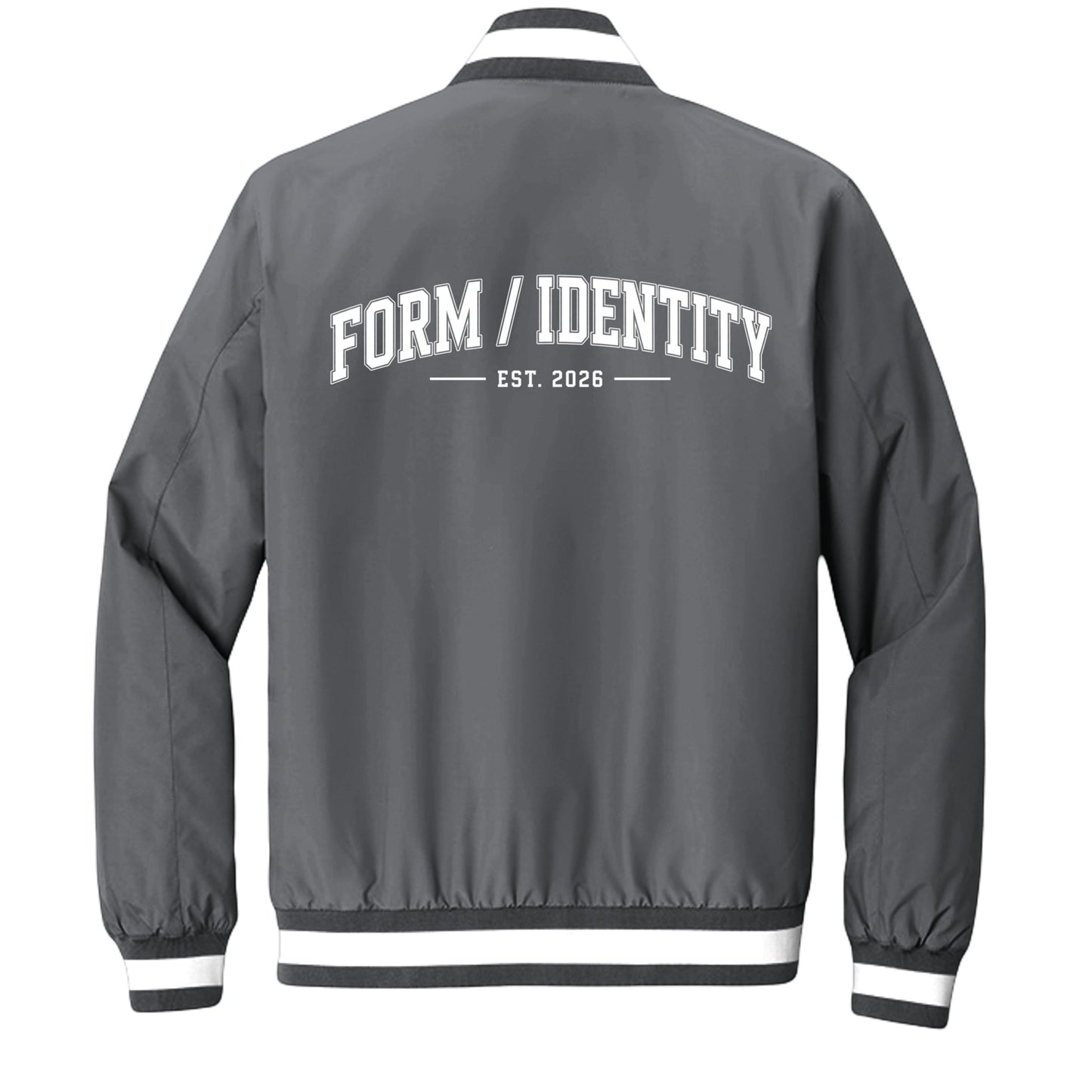 Omina grey insulated varsity jacket with white "FORM / IDENTITY EST. 2026" graphic on back and striped rib-knit collar, cuffs, and hem.