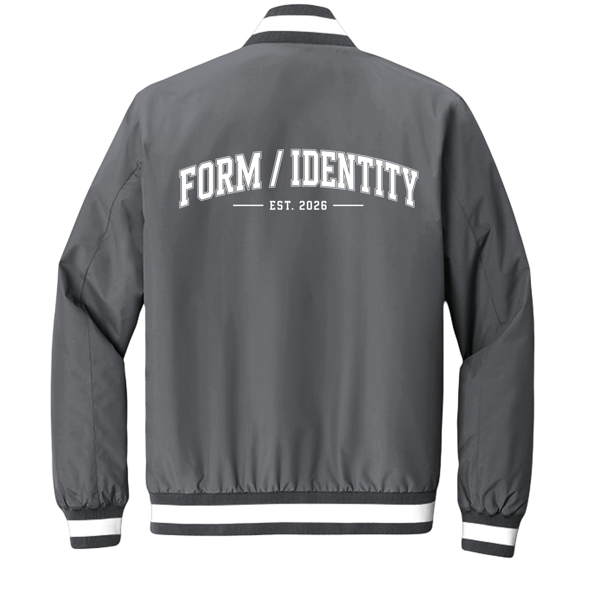 Omina grey insulated varsity jacket with white "FORM / IDENTITY EST. 2026" graphic on back and striped rib-knit collar, cuffs, and hem.
