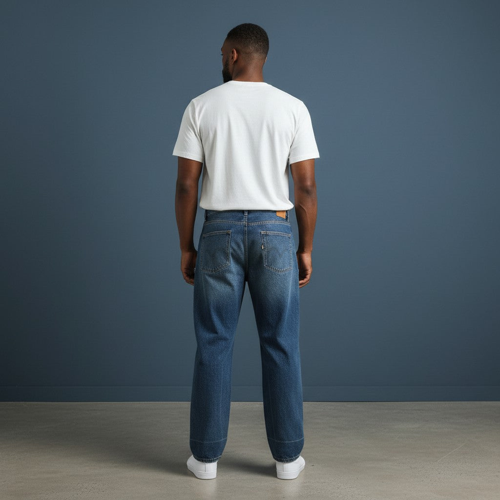Omina blue vintage wash baggy denim jeans with a relaxed fit and wide-leg silhouette.