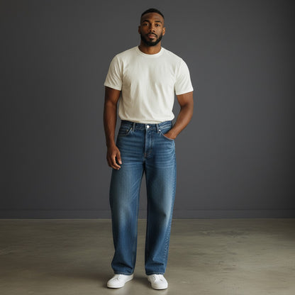 OMINA Essentials vintage wash baggy denim jeans with a relaxed fit and wide-leg silhouette in blue.