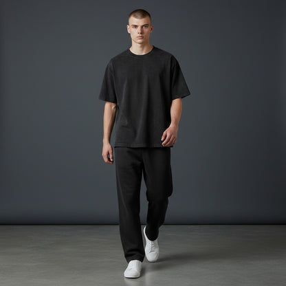 Omina Essentials black vintage wash heavyweight cotton oversized t-shirt with ribbed crew neck.