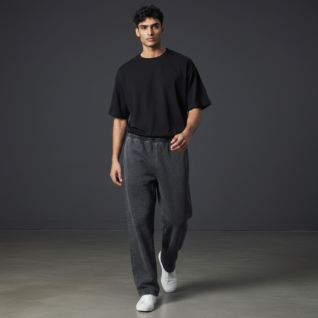 Omina dark grey washed cotton blend relaxed fit waist pants with elastic waistband.