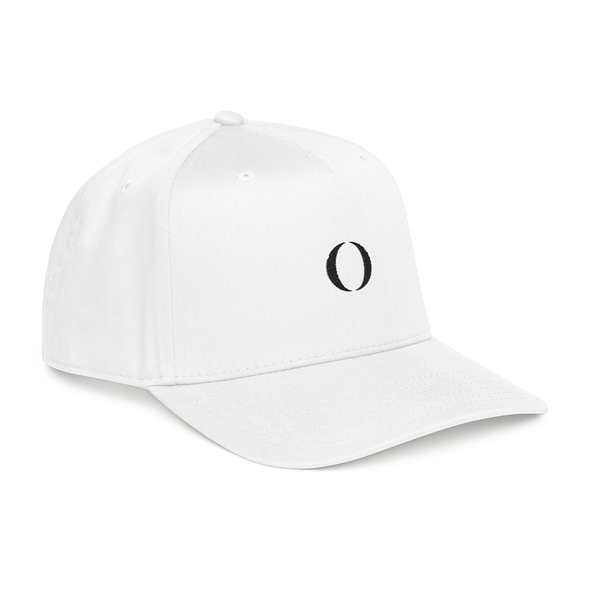 Omina white 5-panel mid profile baseball cap with a black embroidered logo on the seamless front panel.