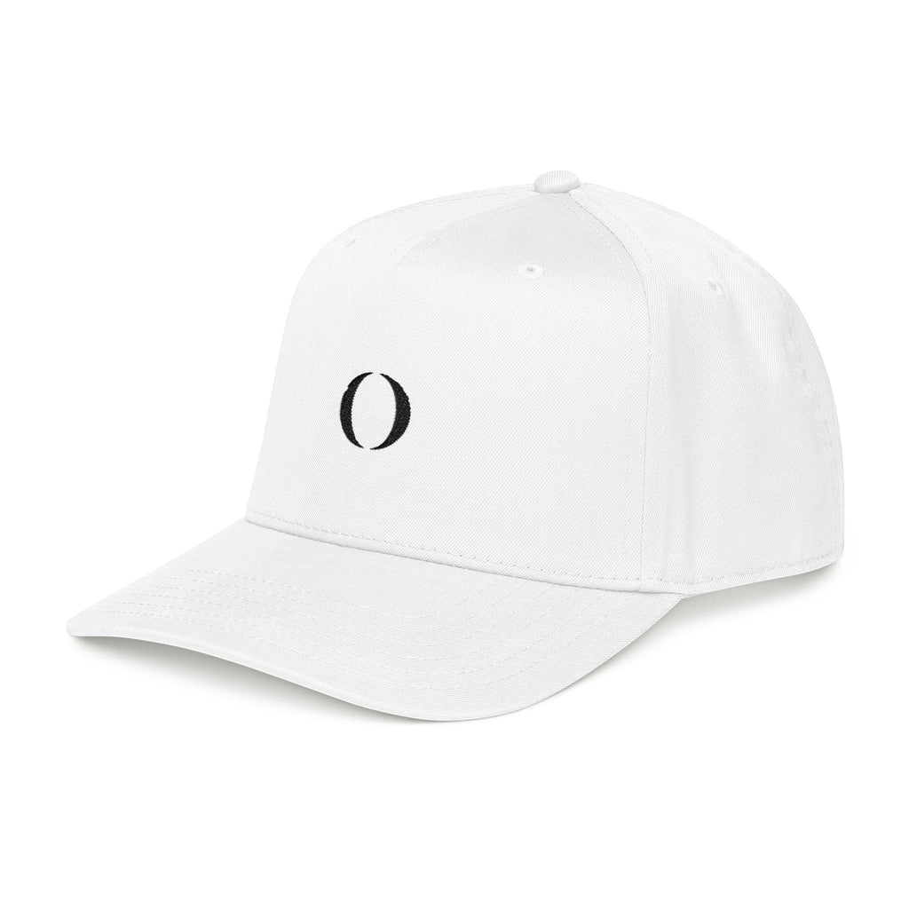 Omina white 5-panel mid profile baseball cap with a black embroidered logo on the seamless front panel.