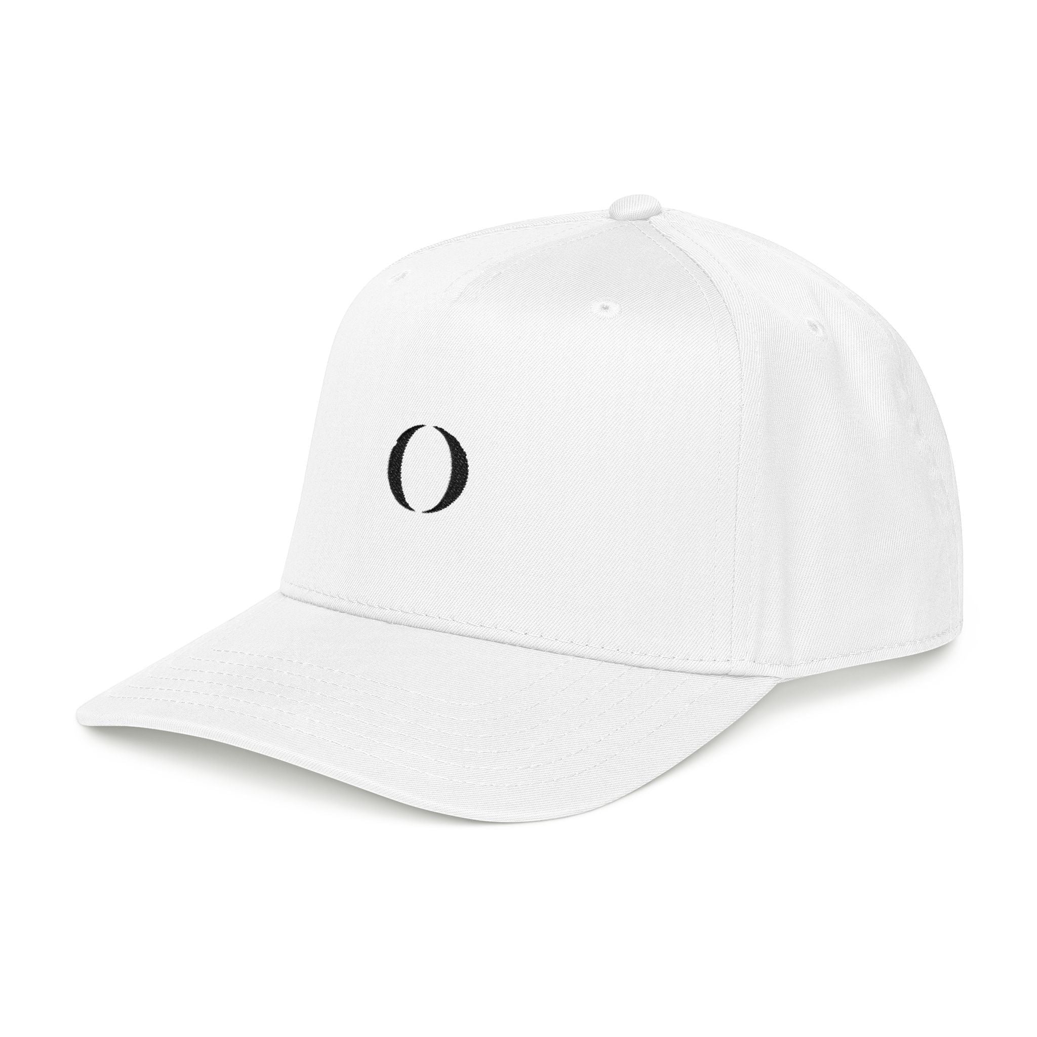Omina white 5-panel mid profile baseball cap with a black embroidered logo on the seamless front panel.