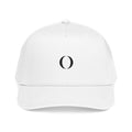 Omina white 5-panel structured baseball cap with a black embroidered logo, featuring a snapback closure.