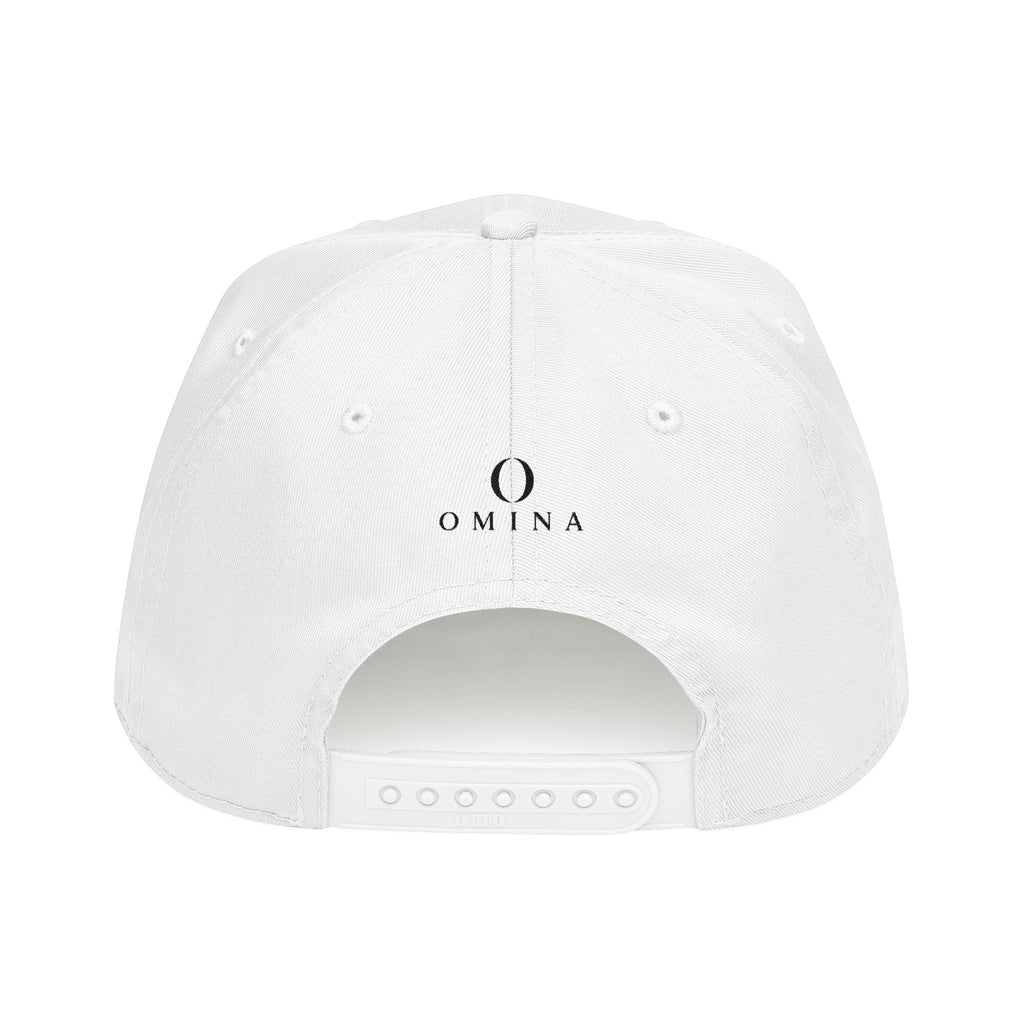 Omina white 5-panel mid profile baseball cap with structured front, snapback closure, and black logo embroidery.