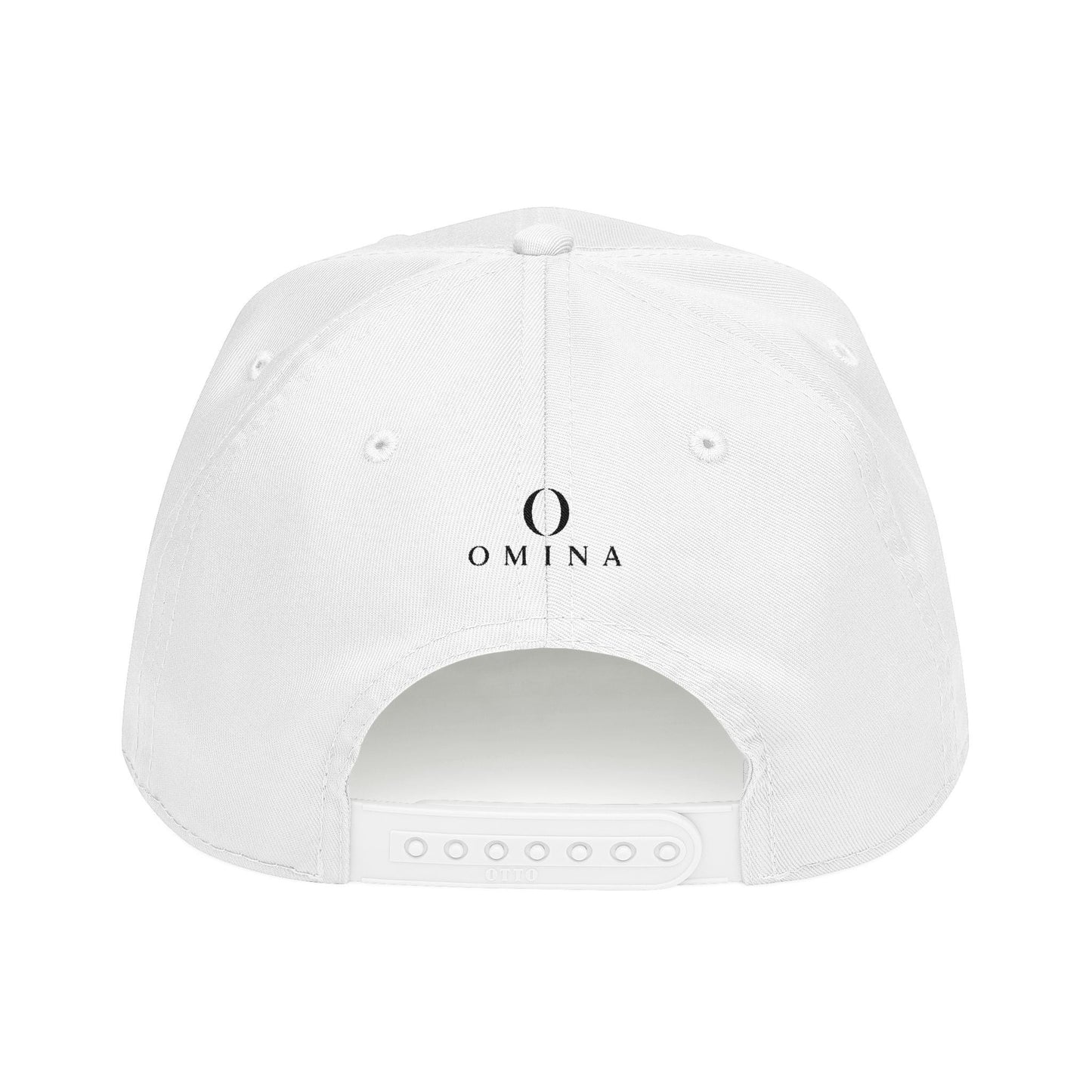 Omina white 5-panel mid profile baseball cap with structured front, snapback closure, and black logo embroidery.