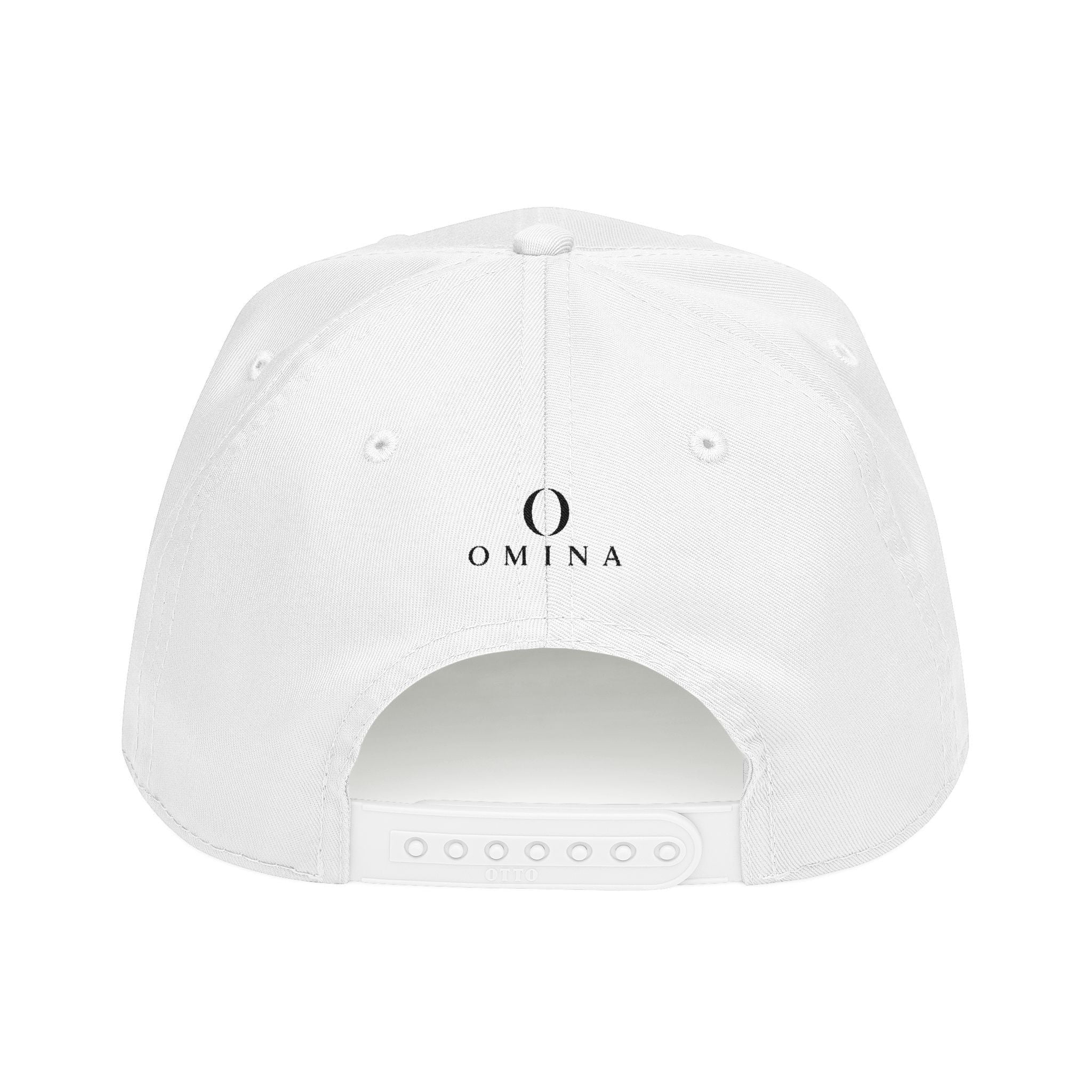 Omina white 5-panel mid profile baseball cap with structured front, snapback closure, and black logo embroidery.