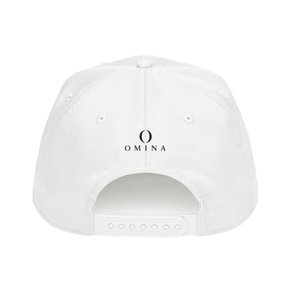 Omina white 5-panel mid profile baseball cap with structured front, snapback closure, and black logo embroidery.