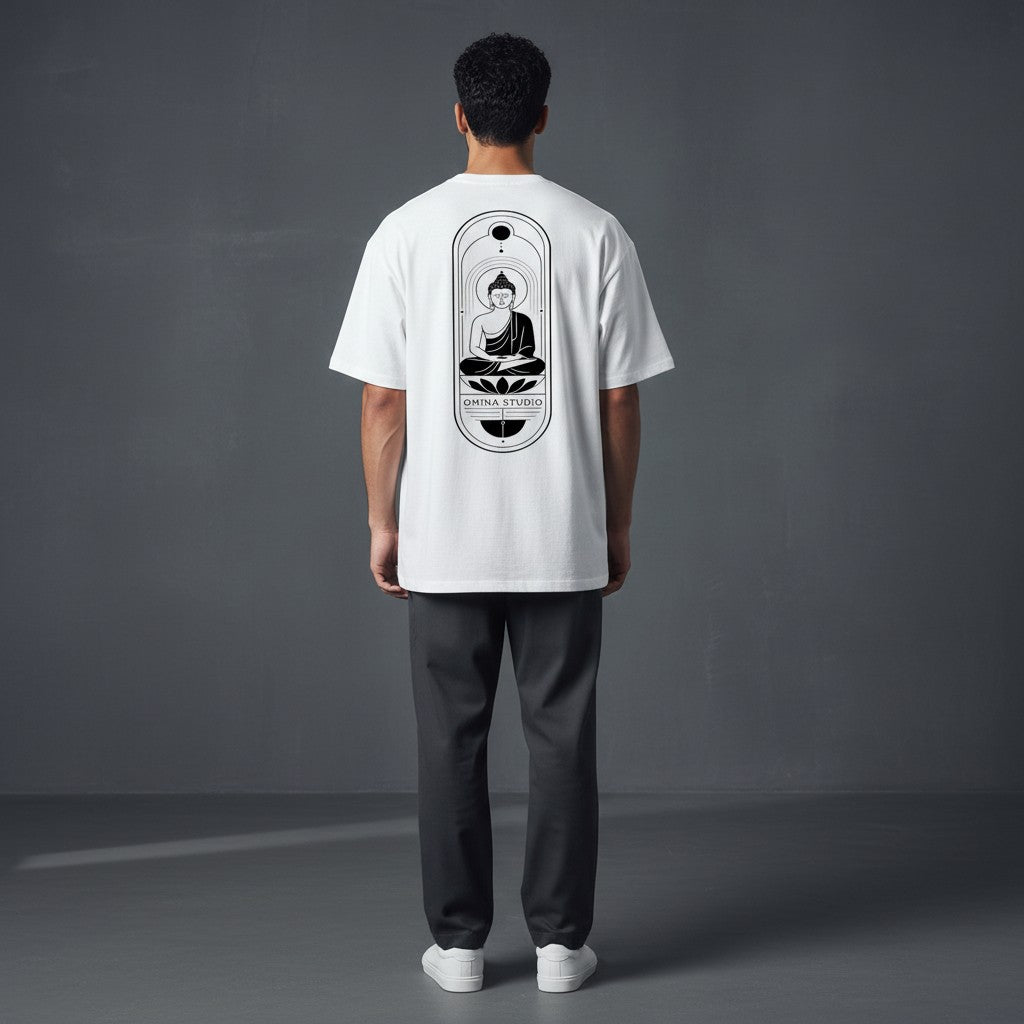 Model wearing an Omina heavyweight white cotton t-shirt with a black Buddha graphic on the back, relaxed fit.