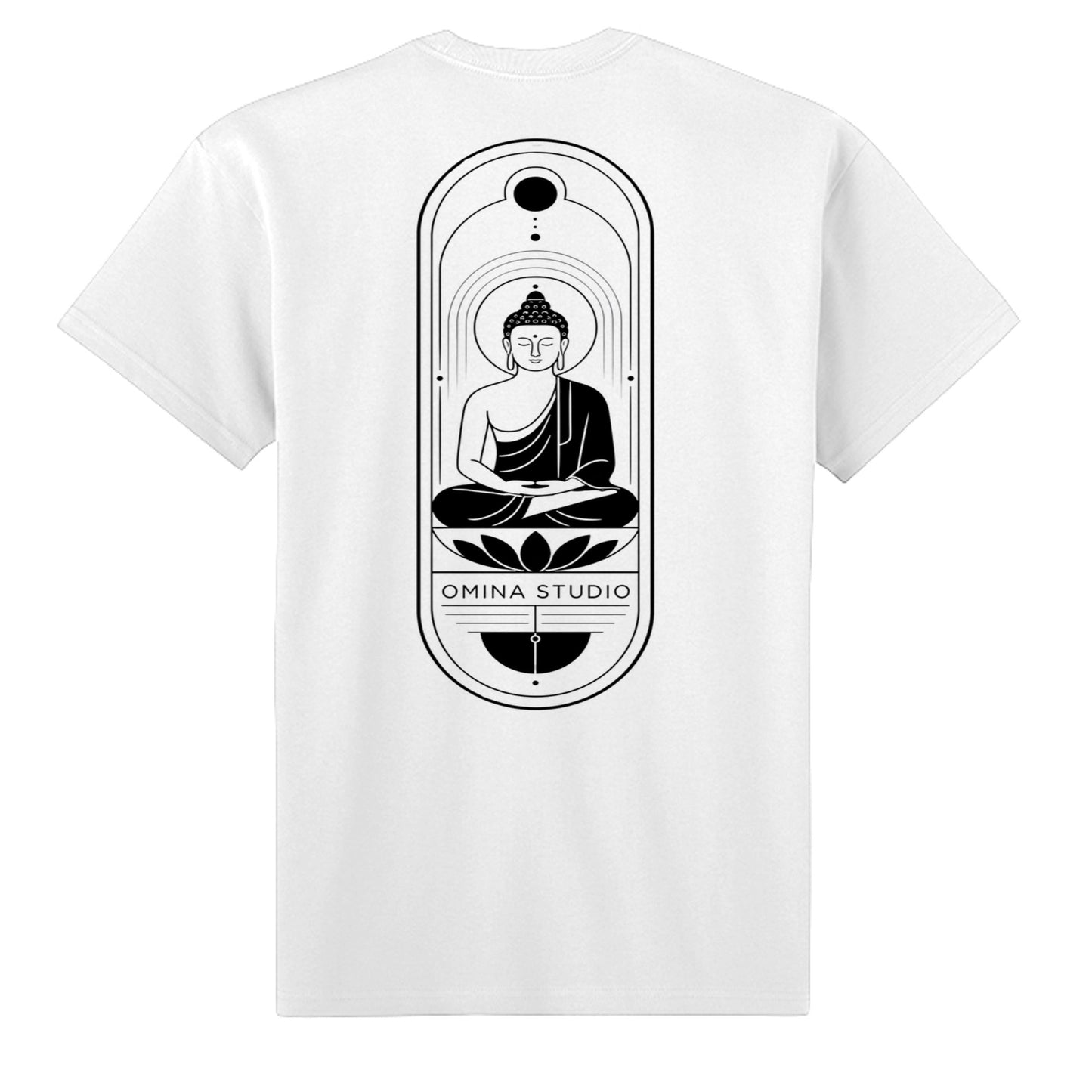 Back view of a white Omina heavyweight cotton t-shirt featuring a black minimalist Buddha graphic print.