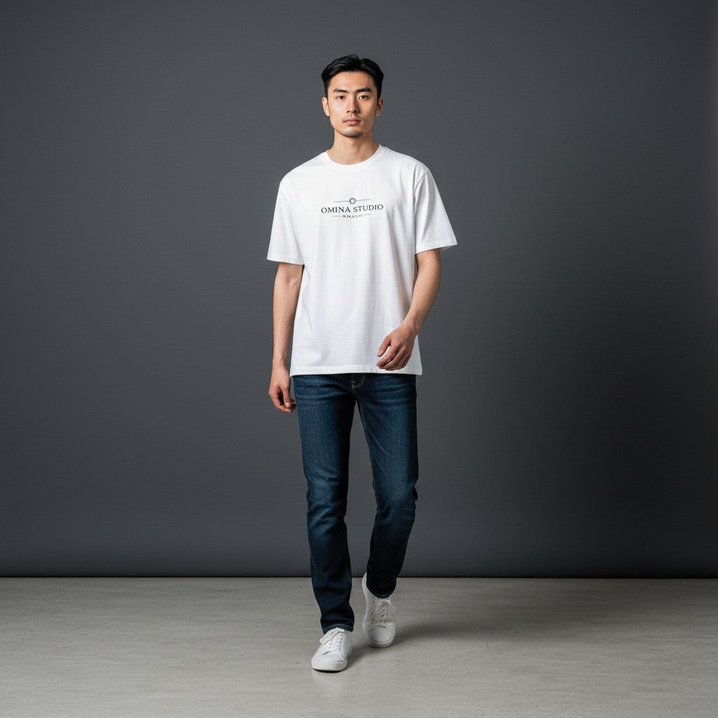 Omina white cotton blend short sleeve t-shirt with Omina Studio logo print on chest. Regular fit.