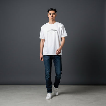 Omina white cotton blend short sleeve t-shirt with Omina Studio logo print on chest. Regular fit.