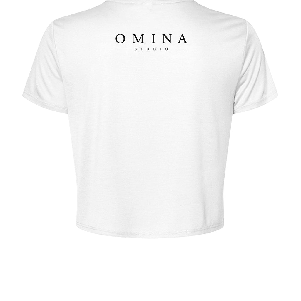 Omina Studio white cotton crop top with black OMINA STUDIO logo on back. Short sleeves, crew neck.