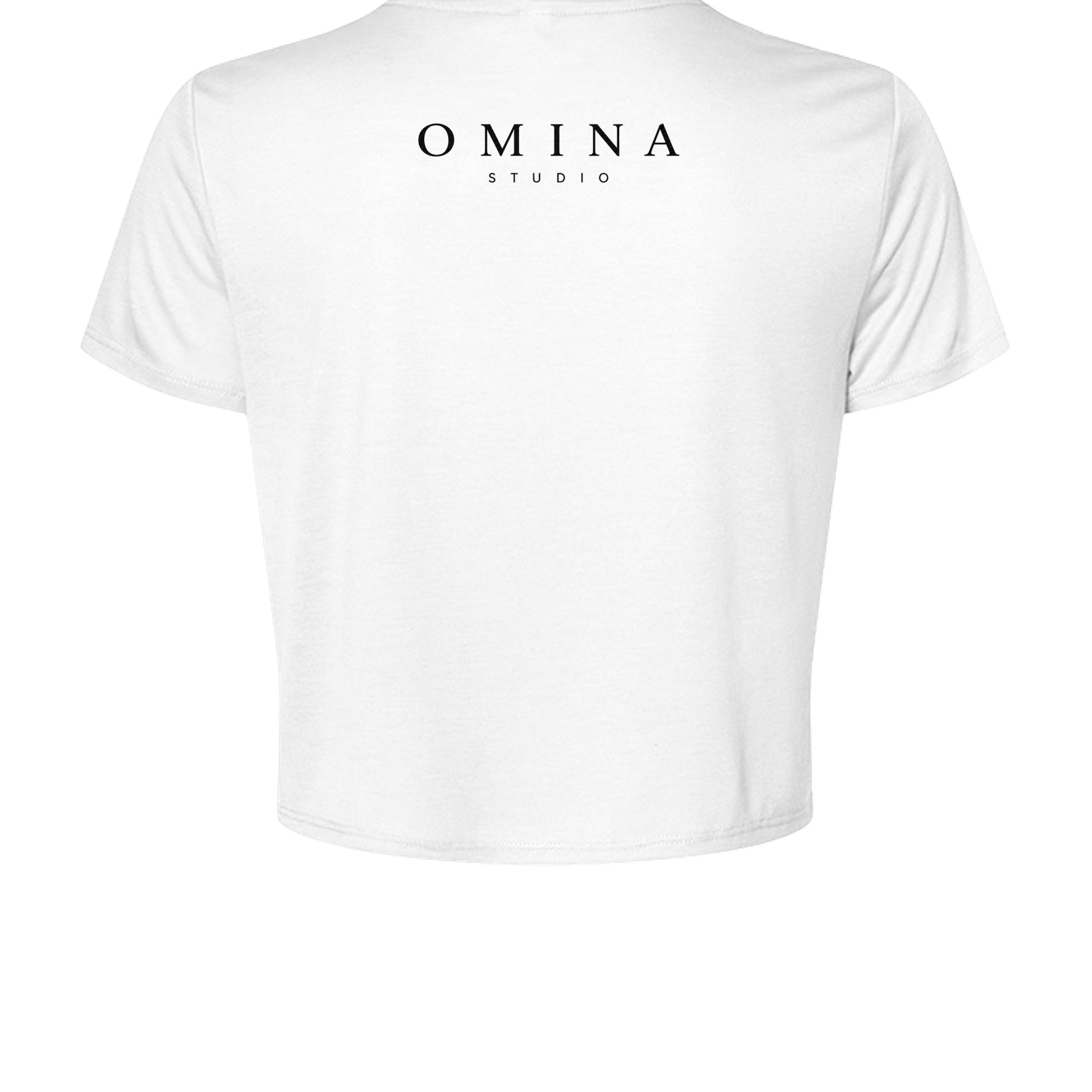 Omina Studio white cotton crop top with black OMINA STUDIO logo on back. Short sleeves, crew neck.