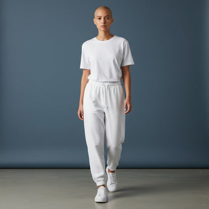 Model wearing Omina white cotton blend jogged sweatpants with an elastic drawstring waist and cuffed ankles