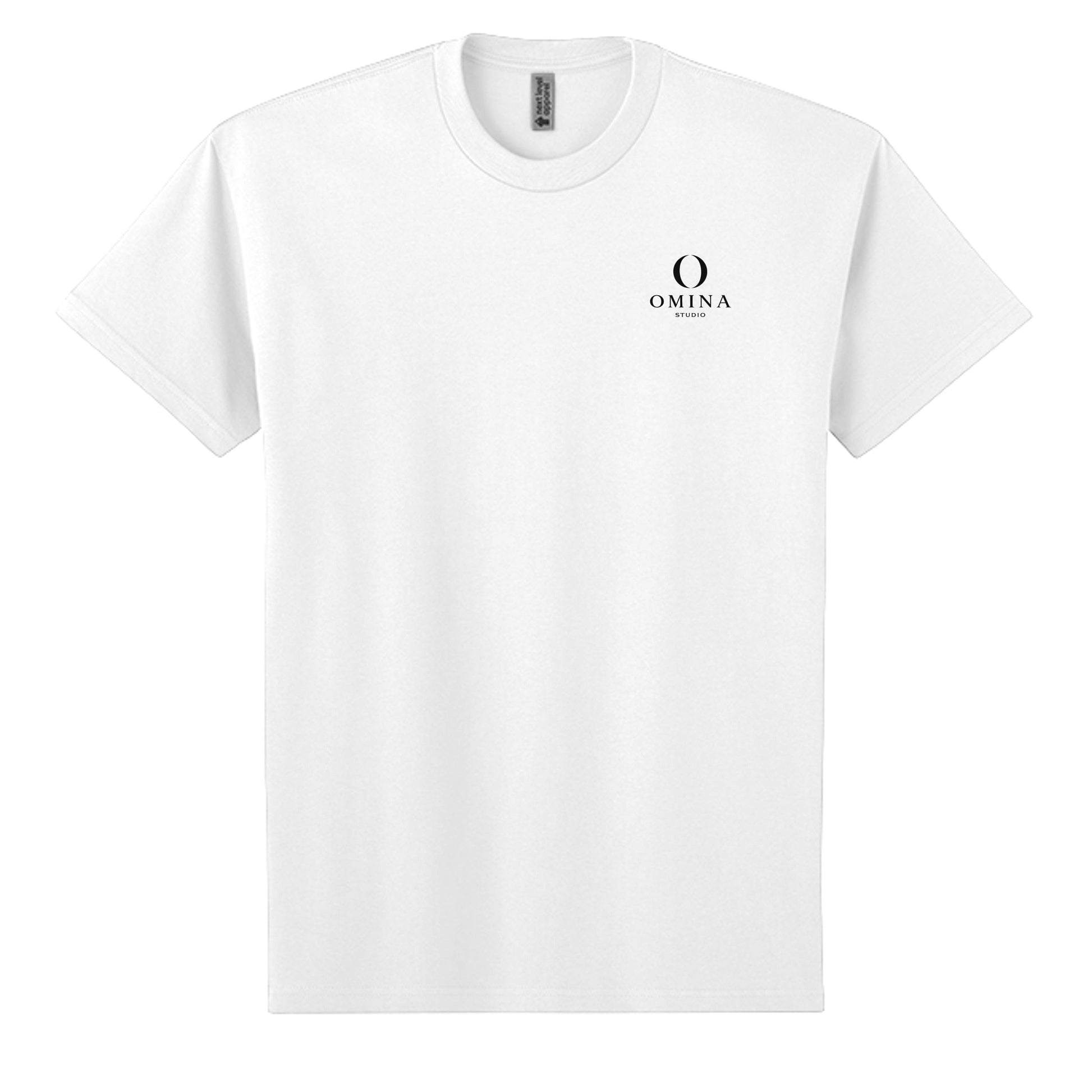 Omina heavyweight white cotton t-shirt featuring a small black Omina Studio logo on the left chest