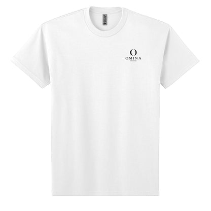 Omina heavyweight white cotton t-shirt featuring a small black Omina Studio logo on the left chest