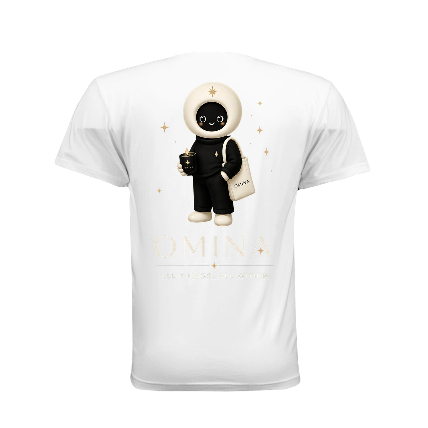 Back view of a white Omina unisex cotton t-shirt featuring a cute O mascot graphic and Omina branding.