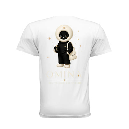 Back view of a white Omina unisex cotton t-shirt featuring a cute O mascot graphic and Omina branding.