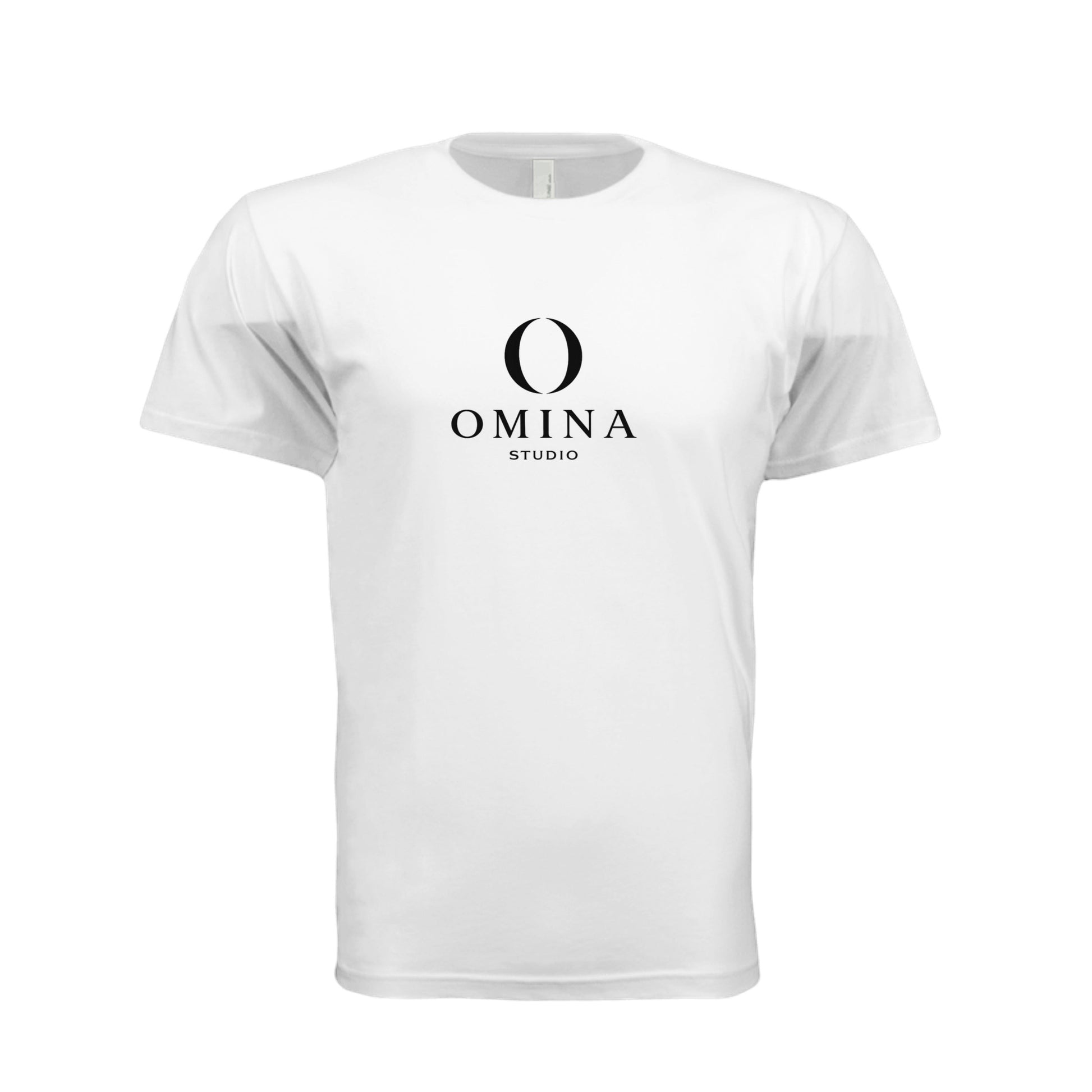 Omina white unisex crew neck t-shirt featuring the black Omina Studio mascot logo on the chest.