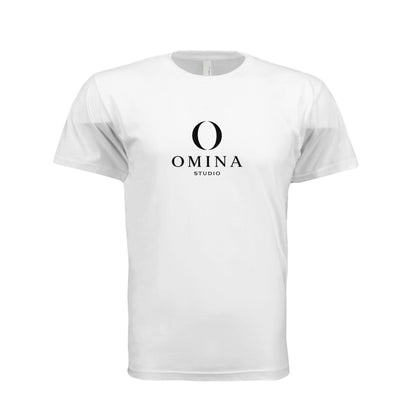 Omina white unisex crew neck t-shirt featuring the black Omina Studio mascot logo on the chest.