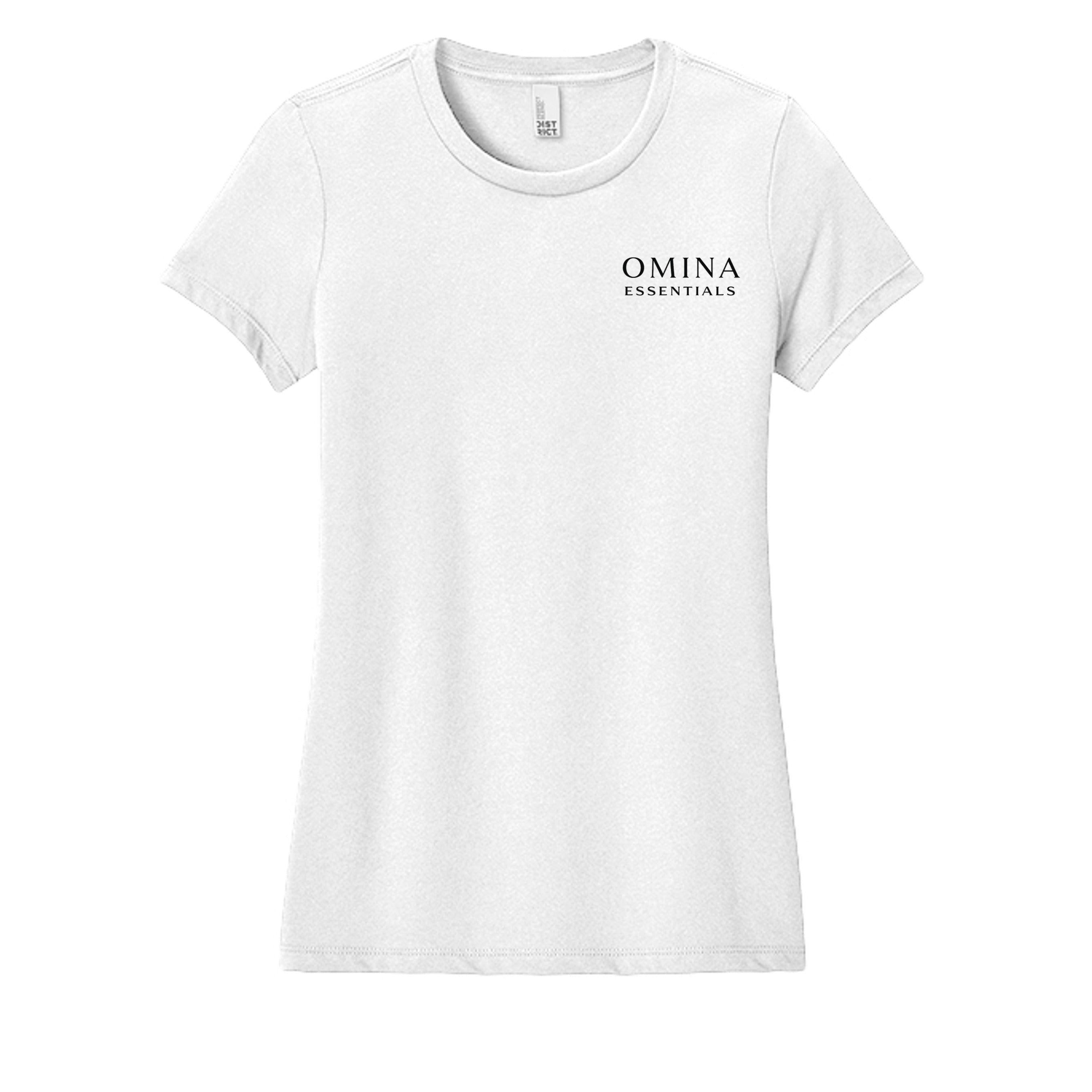 Omina white soft cotton t-shirt with minimalist logo on chest. Women's tee.