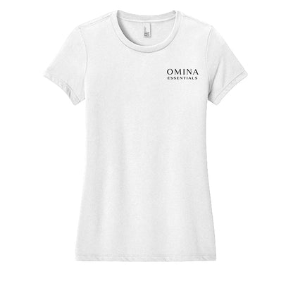 Omina white soft cotton t-shirt with minimalist logo on chest. Women's tee.