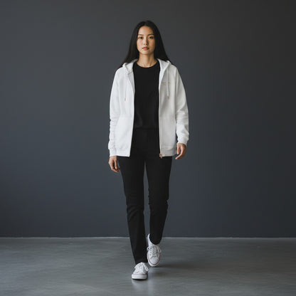 Omina white 100% combed cotton full-zip hoodie with brushed fleece interior and kangaroo pockets.