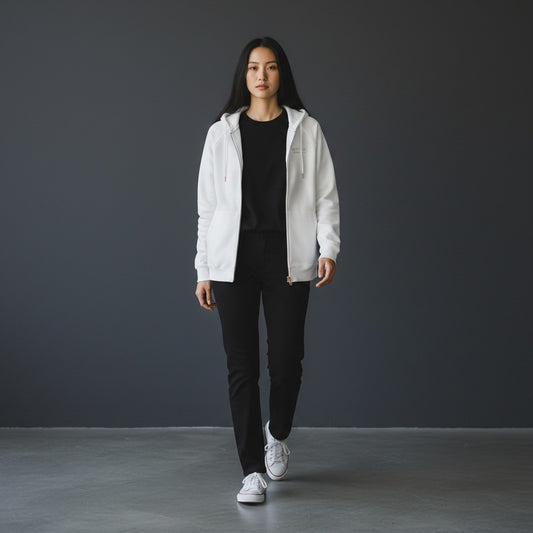 Omina white 100% combed cotton full-zip hoodie with brushed fleece interior and kangaroo pockets.
