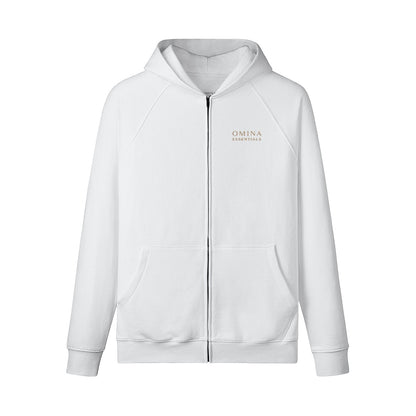 Omina white 100% combed cotton full-zip hoodie with brushed fleece interior and kangaroo pockets.
