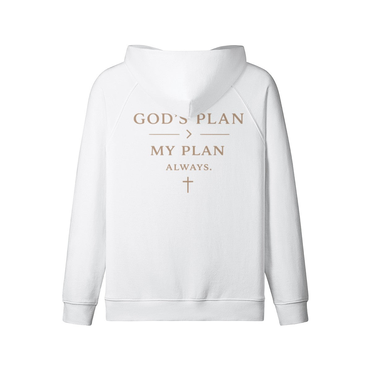 Omina white heavyweight cotton zip hoodie with God's Plan graphic print on the back