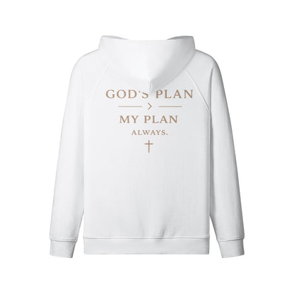 Omina white heavyweight cotton zip hoodie with God's Plan graphic print on the back