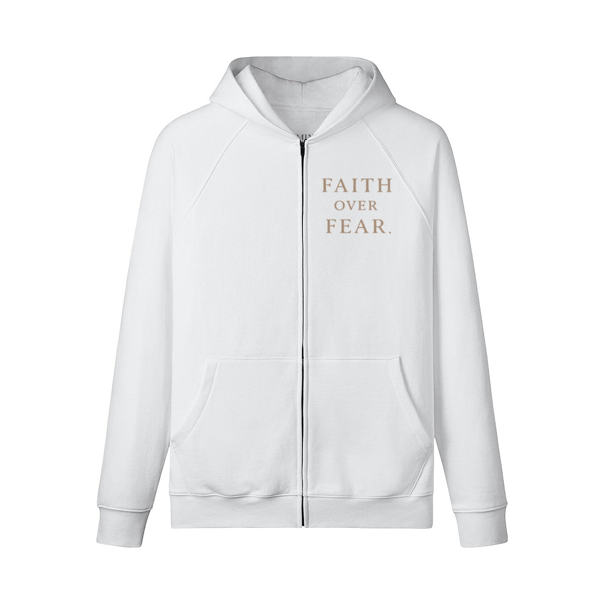 Omina white heavyweight cotton zip hoodie with Faith Over Fear text print on the chest and raglan sleeves