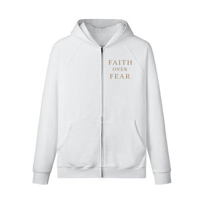 Omina white heavyweight cotton zip hoodie with Faith Over Fear text print on the chest and raglan sleeves