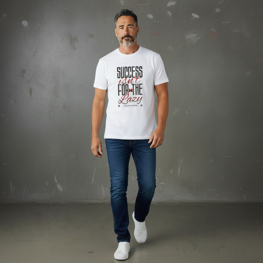 Omina white heavyweight cotton graphic t-shirt with Success Isn't For The Lazy text worn by a man with jeans