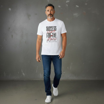 Omina white heavyweight cotton graphic t-shirt with Success Isn't For The Lazy text worn by a man with jeans