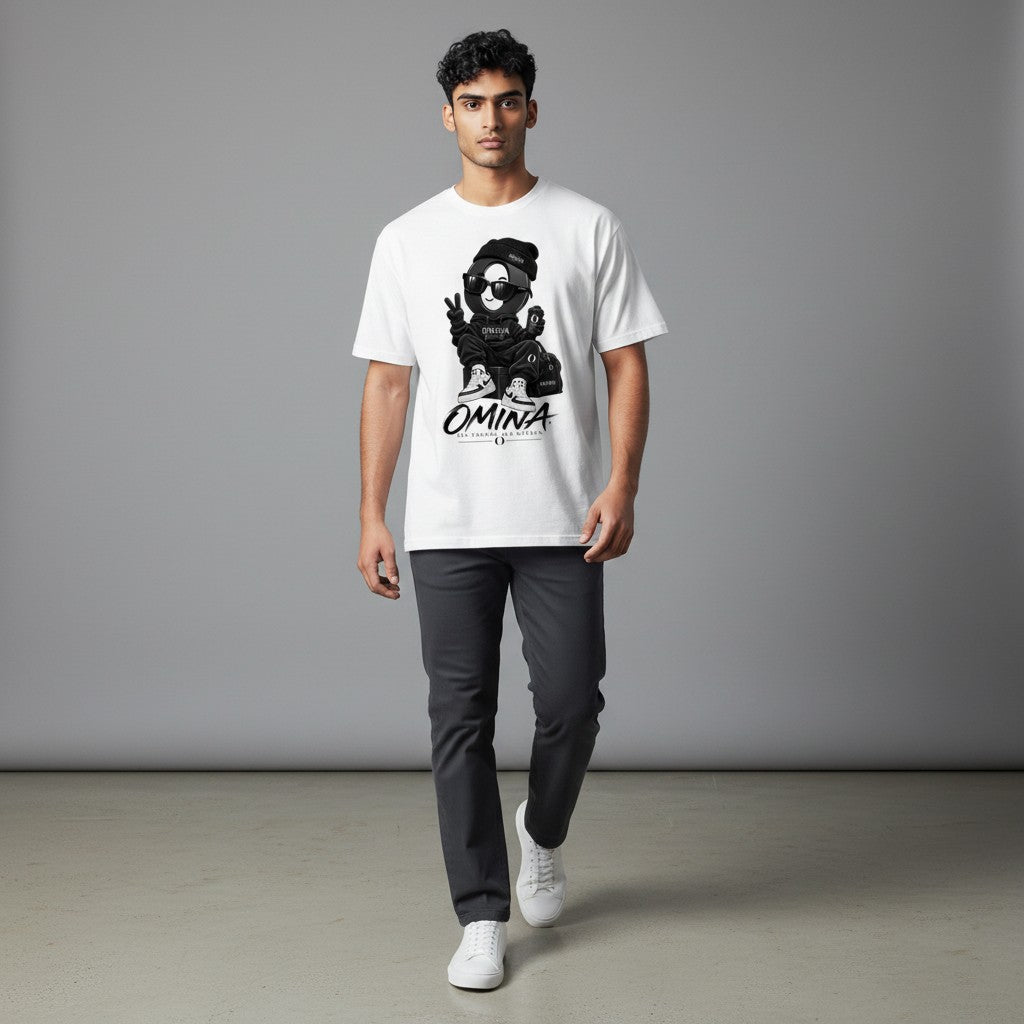 Model wearing an Omina white cotton crew neck t-shirt with a black graphic print of a character in sunglasses.