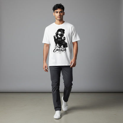 Model wearing an Omina white cotton crew neck t-shirt with a black graphic print of a character in sunglasses.