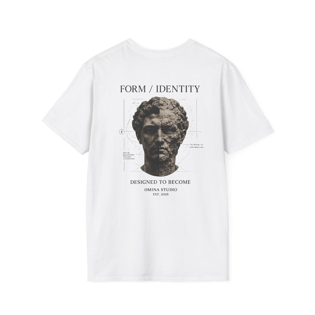 Omina white cotton t-shirt featuring a detailed classical statue graphic on the back with Form Identity text.