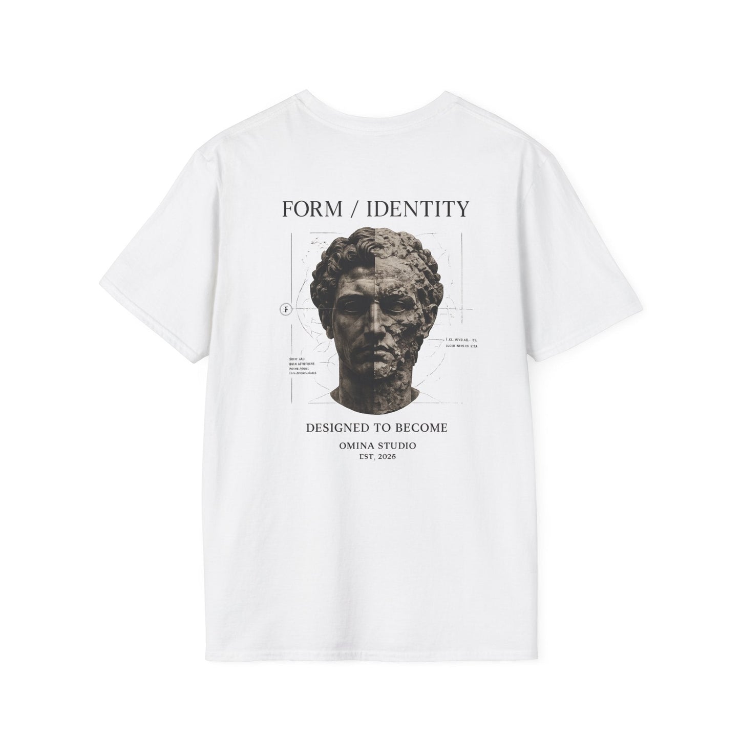 Omina white cotton t-shirt featuring a detailed classical statue graphic on the back with Form Identity text.