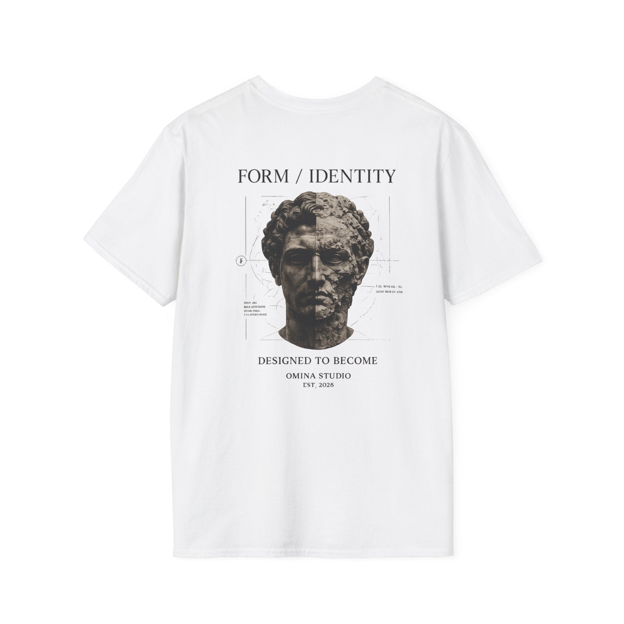 Omina white cotton t-shirt featuring a detailed classical statue graphic on the back with Form Identity text.