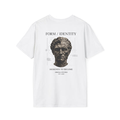 Omina white cotton t-shirt featuring a detailed classical statue graphic on the back with Form Identity text.