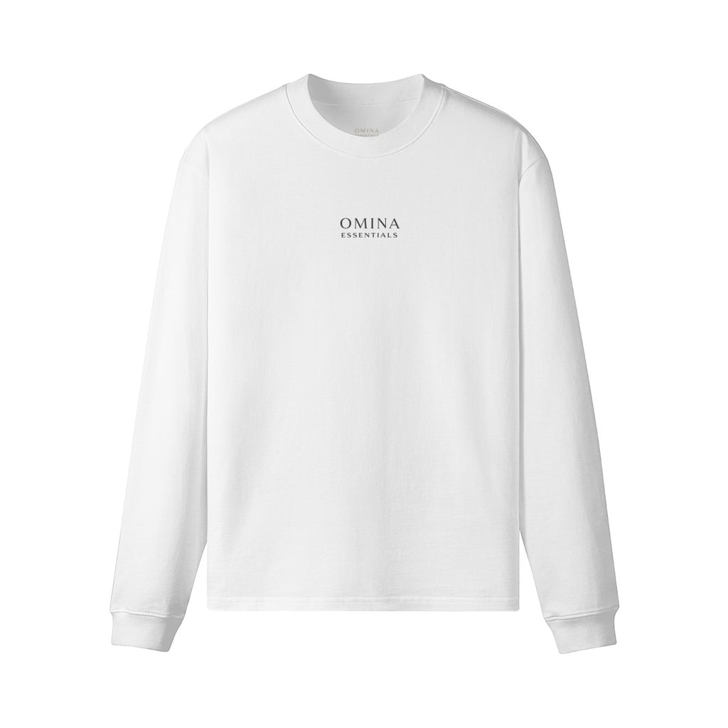 Omina white heavyweight long sleeve t-shirt with crew neck, drop shoulders, and minimalist chest logo branding.
