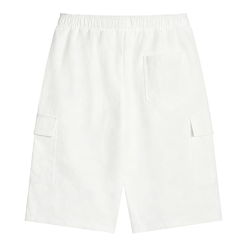 Omina white polyester cargo shorts with elastic waistband and drawstring, featuring functional pockets.